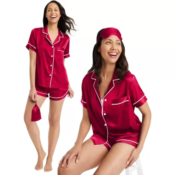 SWOMOG Womens Silk Satin Pajama Set Short Sleeve 2pc Pjs Button Down Sleepwear Loungewear with Eyes Mask  BagRed