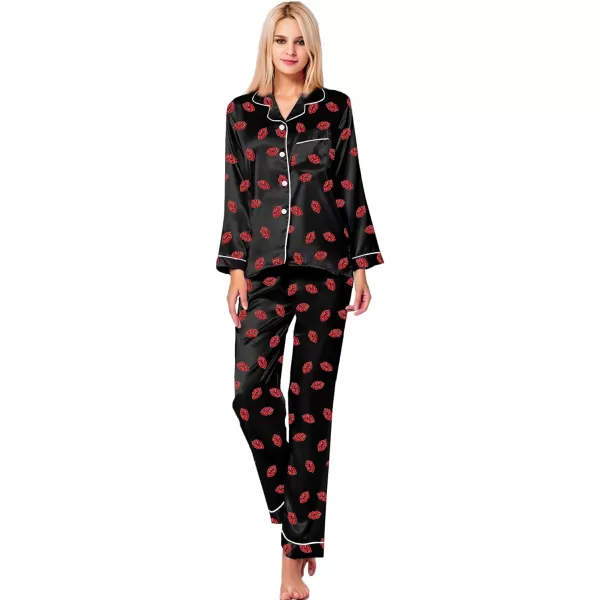 SWOMOG Womens Silk Satin Pajamas Loungewear Twopiece Sleepwear ButtonDown Pj SetBlack Kiss