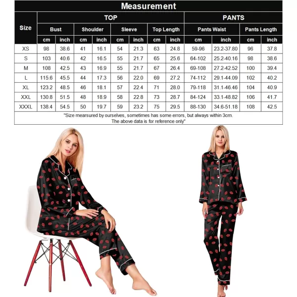 SWOMOG Womens Silk Satin Pajamas Loungewear Twopiece Sleepwear ButtonDown Pj SetBlack Kiss