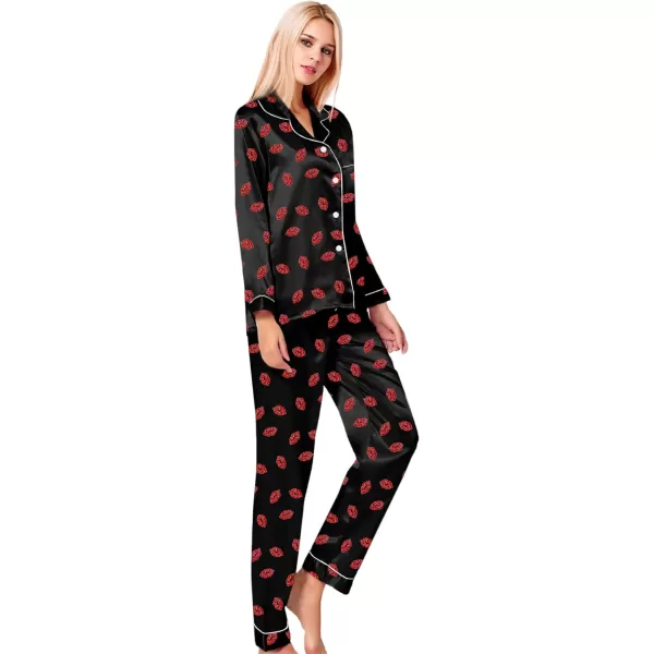 SWOMOG Womens Silk Satin Pajamas Loungewear Twopiece Sleepwear ButtonDown Pj SetBlack Kiss