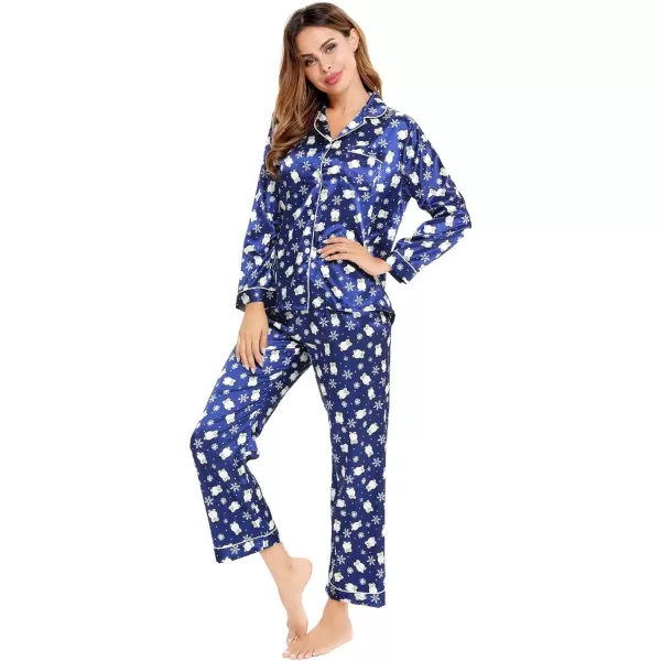 SWOMOG Womens Silk Satin Pajamas Loungewear Twopiece Sleepwear ButtonDown Pj SetBlue Penguin