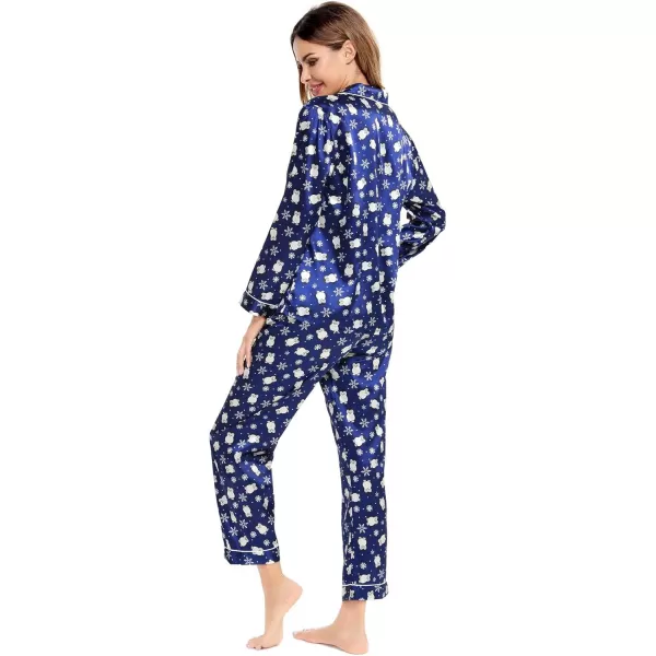 SWOMOG Womens Silk Satin Pajamas Loungewear Twopiece Sleepwear ButtonDown Pj SetBlue Penguin