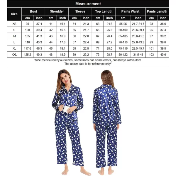 SWOMOG Womens Silk Satin Pajamas Loungewear Twopiece Sleepwear ButtonDown Pj SetBlue Penguin