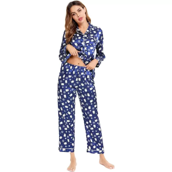 SWOMOG Womens Silk Satin Pajamas Loungewear Twopiece Sleepwear ButtonDown Pj SetBlue Penguin