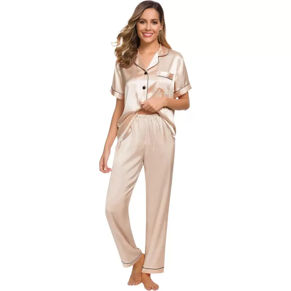 SWOMOG Womens Silk Satin Pajamas Loungewear Twopiece Sleepwear ButtonDown Pj SetChampagne 16