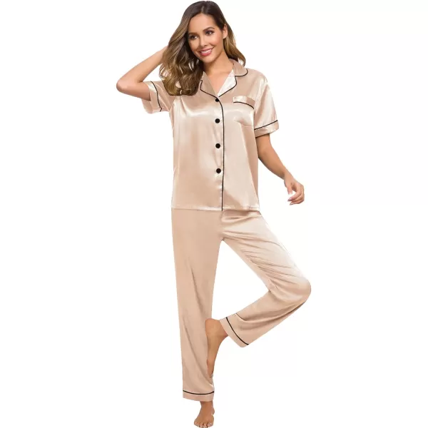 SWOMOG Womens Silk Satin Pajamas Loungewear Twopiece Sleepwear ButtonDown Pj SetChampagne 16