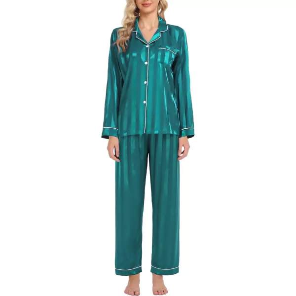 SWOMOG Womens Silk Satin Pajamas Loungewear Twopiece Sleepwear ButtonDown Pj SetGreen Wide Stripes