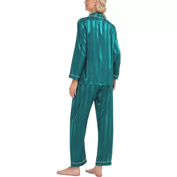 SWOMOG Womens Silk Satin Pajamas Loungewear Twopiece Sleepwear ButtonDown Pj SetGreen Wide Stripes