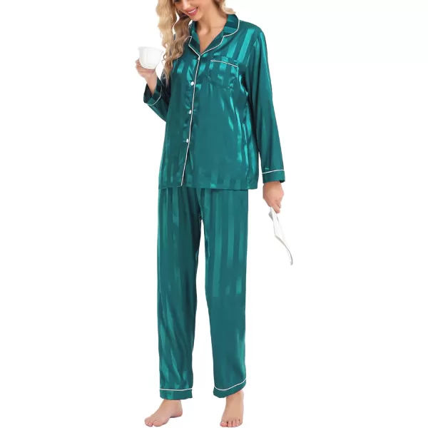 SWOMOG Womens Silk Satin Pajamas Loungewear Twopiece Sleepwear ButtonDown Pj SetGreen Wide Stripes