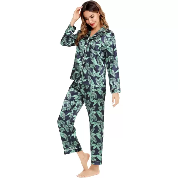 SWOMOG Womens Silk Satin Pajamas Loungewear Twopiece Sleepwear ButtonDown Pj SetNavy Blue Leaves