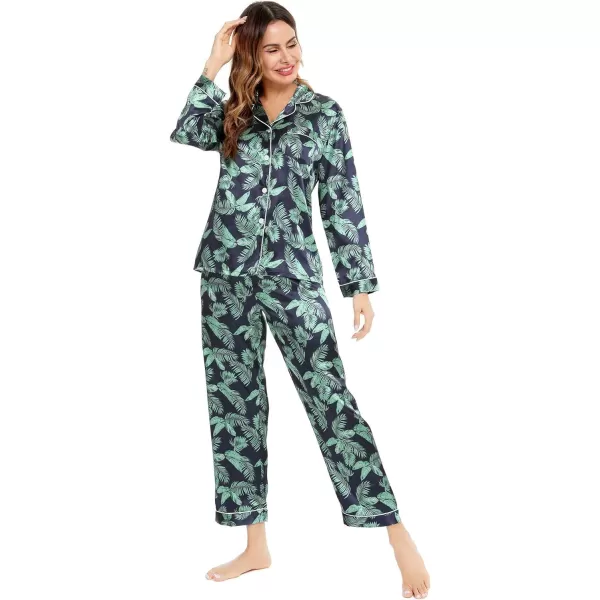 SWOMOG Womens Silk Satin Pajamas Loungewear Twopiece Sleepwear ButtonDown Pj SetNavy Blue Leaves