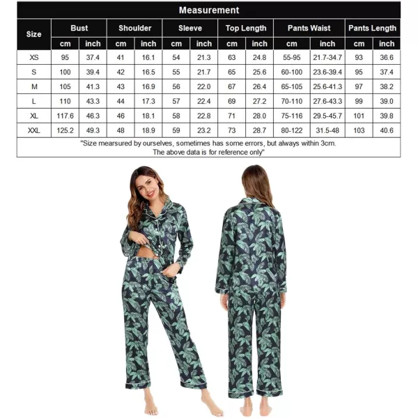 SWOMOG Womens Silk Satin Pajamas Loungewear Twopiece Sleepwear ButtonDown Pj SetNavy Blue Leaves