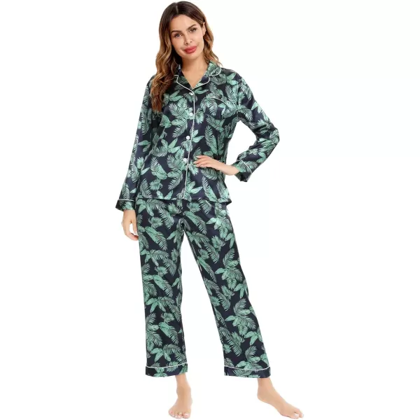 SWOMOG Womens Silk Satin Pajamas Loungewear Twopiece Sleepwear ButtonDown Pj SetNavy Blue Leaves