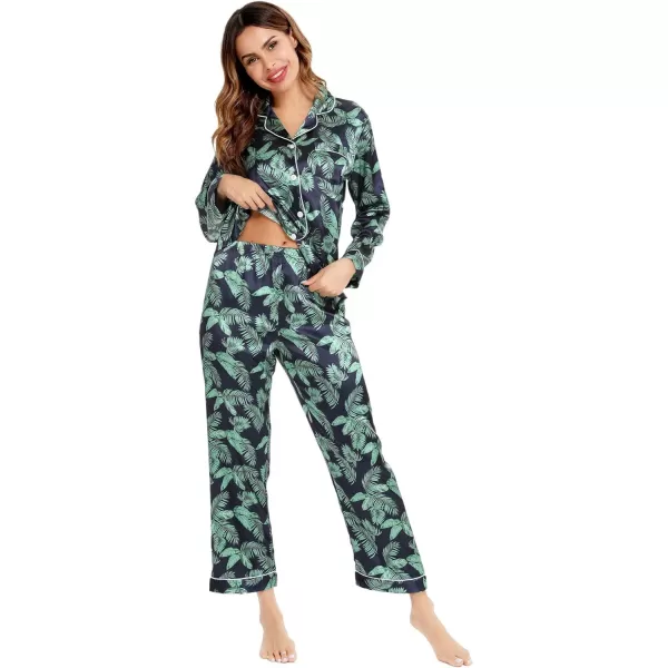 SWOMOG Womens Silk Satin Pajamas Loungewear Twopiece Sleepwear ButtonDown Pj SetNavy Blue Leaves