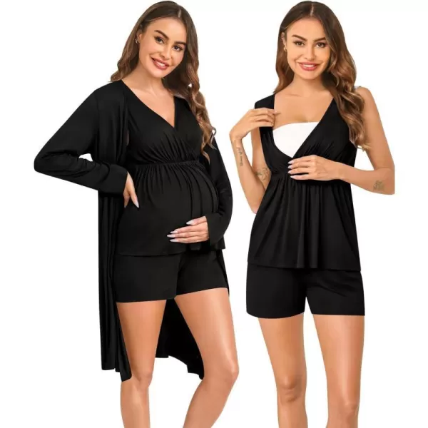 SWOMOG Maternity Nursing Robe Set 3 Piece Pregnancy Pjs 3 in 1 Labor Delivery Sleevless TopsShorts Breastfeeding PajamasBlack