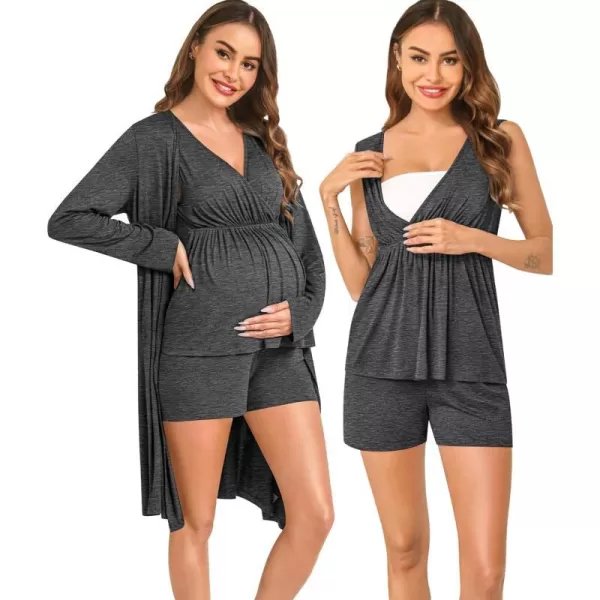 SWOMOG Maternity Nursing Robe Set 3 Piece Pregnancy Pjs 3 in 1 Labor Delivery Sleevless TopsShorts Breastfeeding PajamasDark Grey