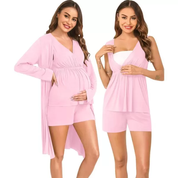 SWOMOG Maternity Nursing Robe Set 3 Piece Pregnancy Pjs 3 in 1 Labor Delivery Sleevless TopsShorts Breastfeeding PajamasPink