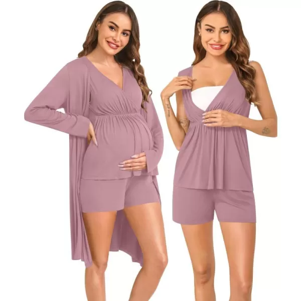 SWOMOG Maternity Nursing Robe Set 3 Piece Pregnancy Pjs 3 in 1 Labor Delivery Sleevless TopsShorts Breastfeeding PajamasTaro Purple