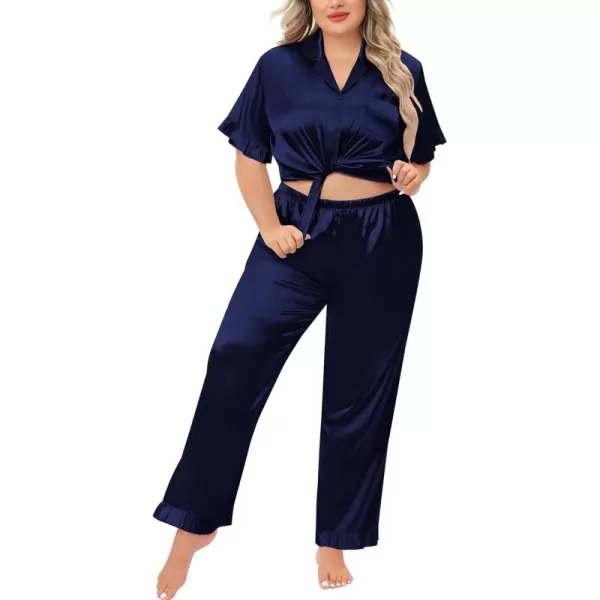 SWOMOG Plus Size Pajamas for Women Satin Silk Short Sleeve Ruffle Hem PJs Button Down Sleepwear with Long Pants 2Pcs PJ SetsDeep Navy Blue