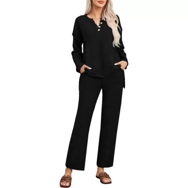 SWOMOG Womens 2 Piece Trendy Outfits Lounge Sets with Pockets Slouchy Loungewear Knit Sweater Matching SetsBlack