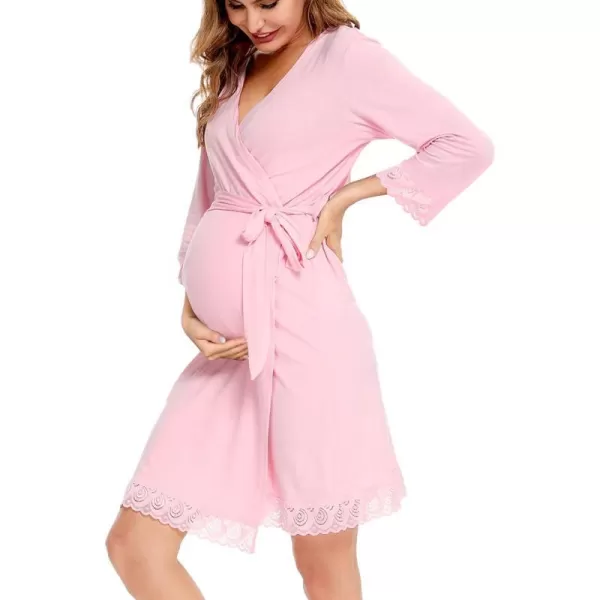 SWOMOG Womens Maternity Nursing Robe Pregnancy Hospital Breastfeeding Bathrobes 3 in 1 Labor Delivery NightgownsLace at Cuffspink