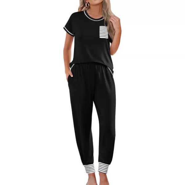 SWOMOG Womens Pajama Set Modal Striped Round Neck Top Pj Pants with Pockets LoungewearBlack