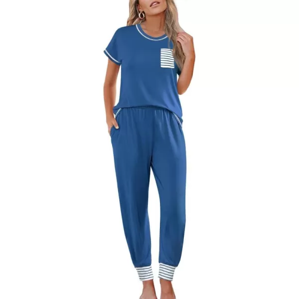 SWOMOG Womens Pajama Set Modal Striped Round Neck Top Pj Pants with Pockets LoungewearBlue