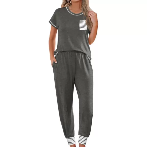 SWOMOG Womens Pajama Set Modal Striped Round Neck Top Pj Pants with Pockets LoungewearDeep Grey