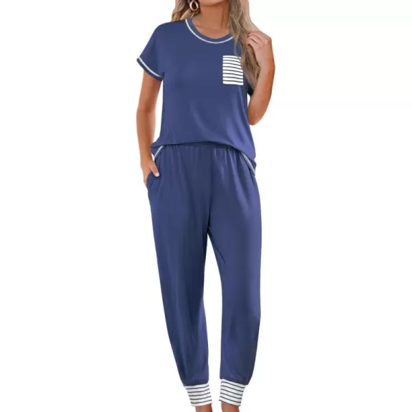 SWOMOG Womens Pajama Set Modal Striped Round Neck Top Pj Pants with Pockets LoungewearNavy Blue