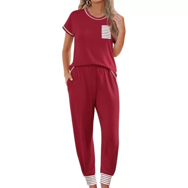 SWOMOG Womens Pajama Set Modal Striped Round Neck Top Pj Pants with Pockets LoungewearWine Red