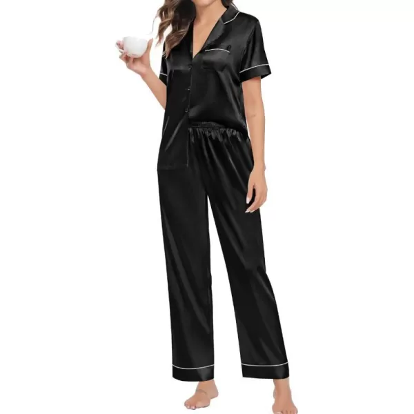 SWOMOG Womens Pajama Sets Silk Satin Sleepwear Short Sleeve and Long Pants Pjs Set Soft Loungewear Classic PajamasBlack