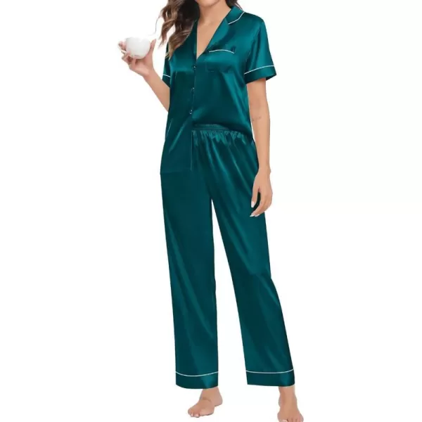 SWOMOG Womens Pajama Sets Silk Satin Sleepwear Short Sleeve and Long Pants Pjs Set Soft Loungewear Classic PajamasDeep Green