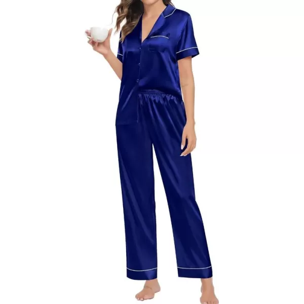 SWOMOG Womens Pajama Sets Silk Satin Sleepwear Short Sleeve and Long Pants Pjs Set Soft Loungewear Classic PajamasNavy Blue