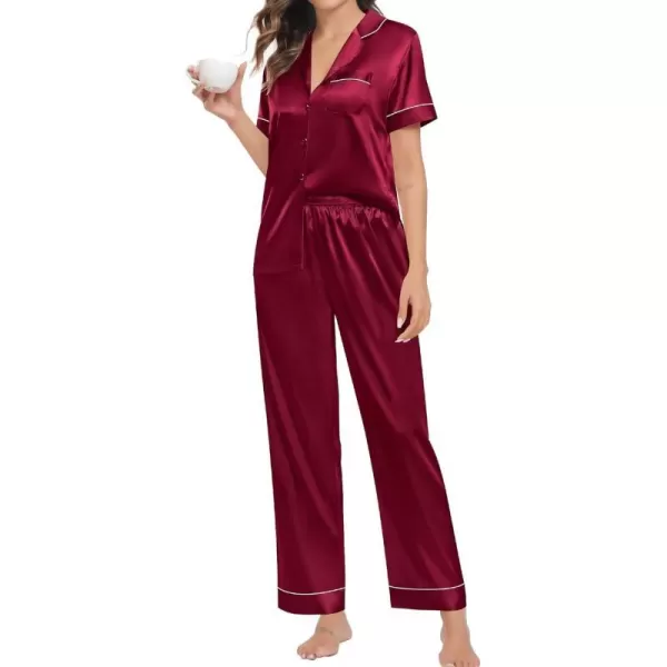 SWOMOG Womens Pajama Sets Silk Satin Sleepwear Short Sleeve and Long Pants Pjs Set Soft Loungewear Classic PajamasWine Red