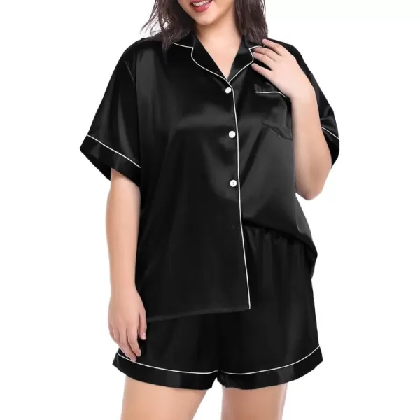 SWOMOG Womens Plus Size Pajama Set Silk Satin Pajamas Button Down Loungewear Short Sleeve Pjs 2 piece Sleepwear 1628WBlack