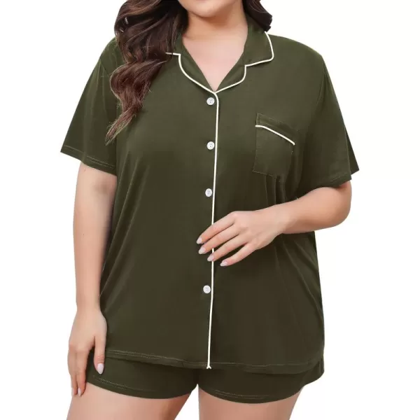 SWOMOG Womens Plus Size Pajamas Set Button Down Tops Short Sleeve Sleepwear Soft Pajama Shorts 2 Pcs Lounge Sets With PocketArmy Green