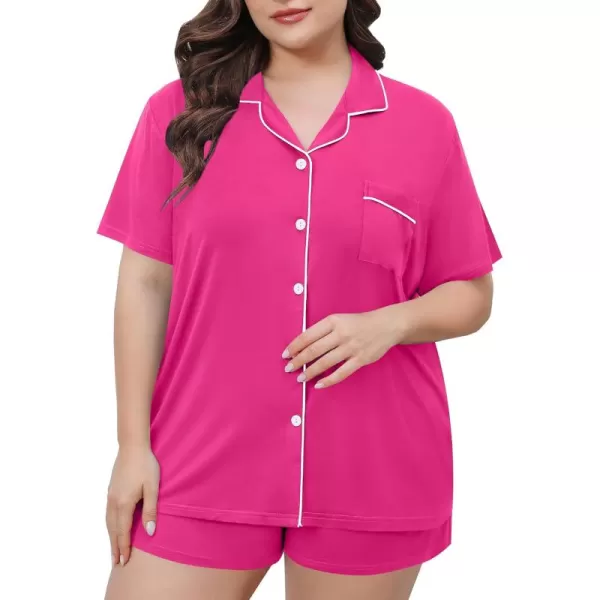 SWOMOG Womens Plus Size Pajamas Set Button Down Tops Short Sleeve Sleepwear Soft Pajama Shorts 2 Pcs Lounge Sets With PocketRose Red