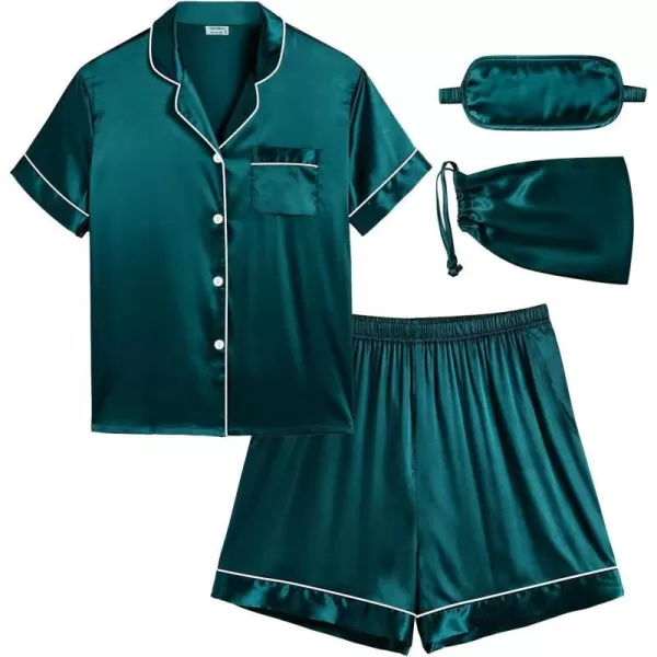 SWOMOG Womens Silk Satin Pajama Set Short Sleeve 2pc Pjs Button Down Sleepwear Loungewear with Eyes Mask  BagDark Green