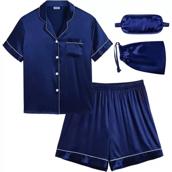 SWOMOG Womens Silk Satin Pajama Set Short Sleeve 2pc Pjs Button Down Sleepwear Loungewear with Eyes Mask  BagNavy Blue