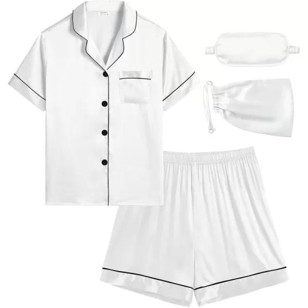 SWOMOG Womens Silk Satin Pajama Set Short Sleeve 2pc Pjs Button Down Sleepwear Loungewear with Eyes Mask  BagWhite