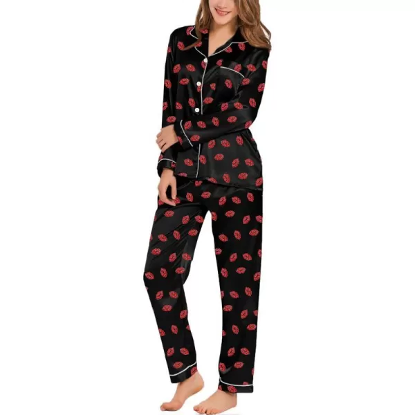 SWOMOG Womens Silk Satin Pajamas Loungewear Twopiece Sleepwear ButtonDown Pj SetBlack Kiss