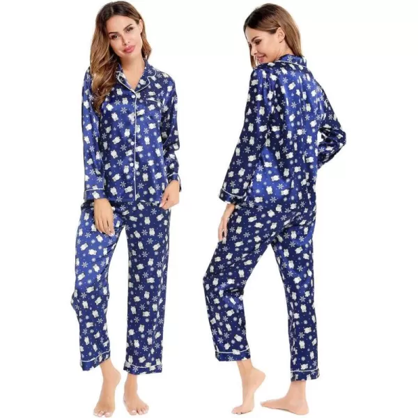 SWOMOG Womens Silk Satin Pajamas Loungewear Twopiece Sleepwear ButtonDown Pj SetBlue Penguin