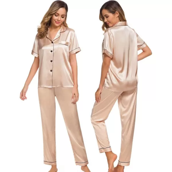 SWOMOG Womens Silk Satin Pajamas Loungewear Twopiece Sleepwear ButtonDown Pj SetChampagne 16