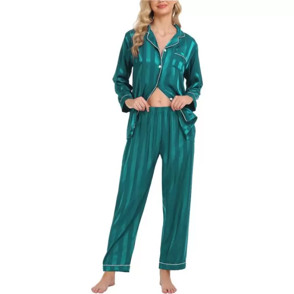 SWOMOG Womens Silk Satin Pajamas Loungewear Twopiece Sleepwear ButtonDown Pj SetGreen Wide Stripes