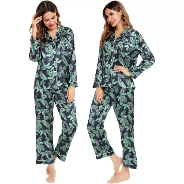 SWOMOG Womens Silk Satin Pajamas Loungewear Twopiece Sleepwear ButtonDown Pj SetNavy Blue Leaves