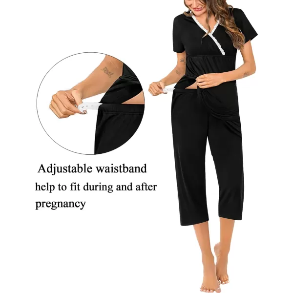 SWOMOG Maternity Nursing Pajamas Set 2 PCS Breastfeeding Sleepwear Short Sleeve Top and Pants Set Pregnancy Pajamas WomenBlack