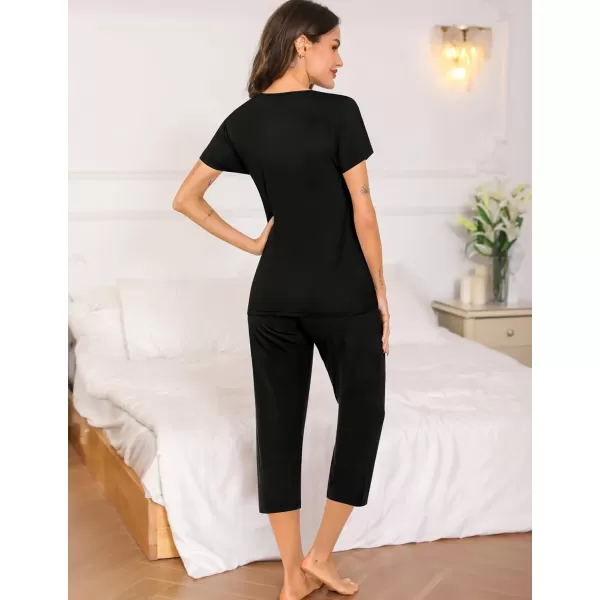 SWOMOG Maternity Nursing Pajamas Set 2 PCS Breastfeeding Sleepwear Short Sleeve Top and Pants Set Pregnancy Pajamas WomenBlack