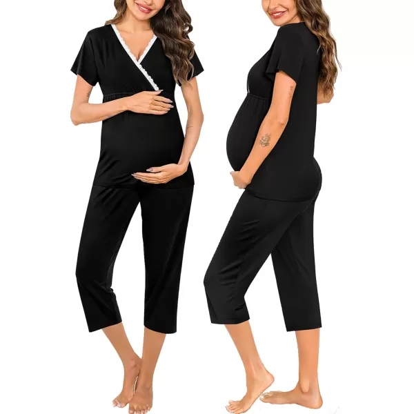 SWOMOG Maternity Nursing Pajamas Set 2 PCS Breastfeeding Sleepwear Short Sleeve Top and Pants Set Pregnancy Pajamas WomenBlack