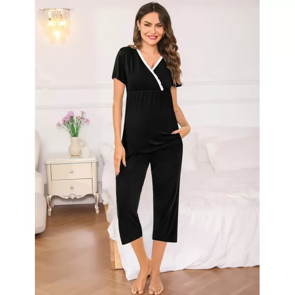 SWOMOG Maternity Nursing Pajamas Set 2 PCS Breastfeeding Sleepwear Short Sleeve Top and Pants Set Pregnancy Pajamas WomenBlack