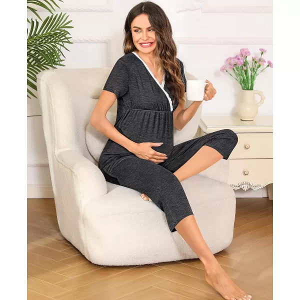 SWOMOG Maternity Nursing Pajamas Set 2 PCS Breastfeeding Sleepwear Short Sleeve Top and Pants Set Pregnancy Pajamas WomenDeep Grey